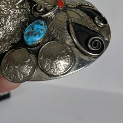 Keams Chee Navajo Belt Buckle Buffalo Head 1937 Indian Coin Turquoise Coral Vtg