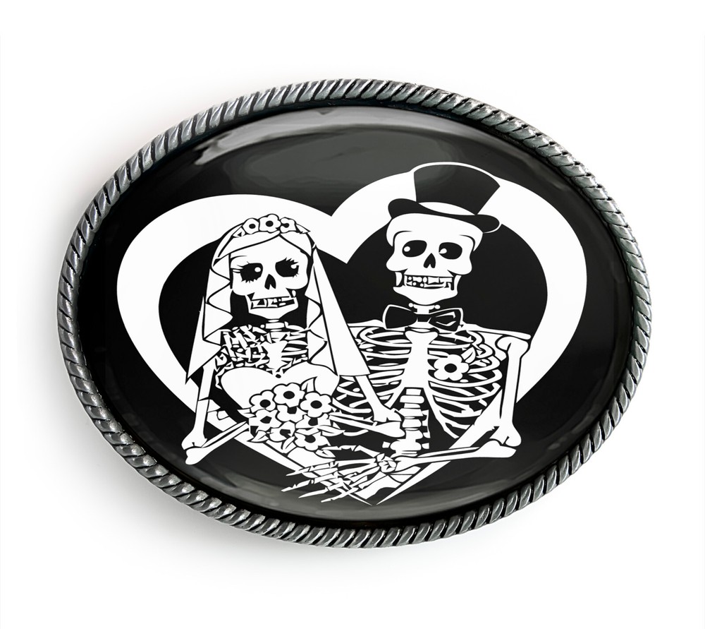 Bride & Groom Belt Buckle – Day of the Dead Sugar Skull Wedding Belt Buckle – 66