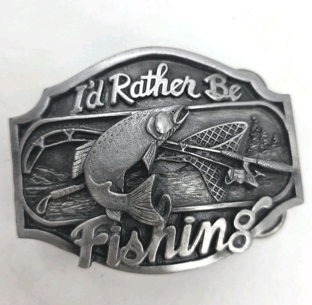 Vintage Arrow Creek I&rsquo;d Rather Be Fishing Belt Buckle Mens Silver Western Trout