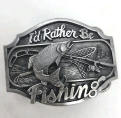 Vintage Arrow Creek I&rsquo;d Rather Be Fishing Belt Buckle Mens Silver Western Trout