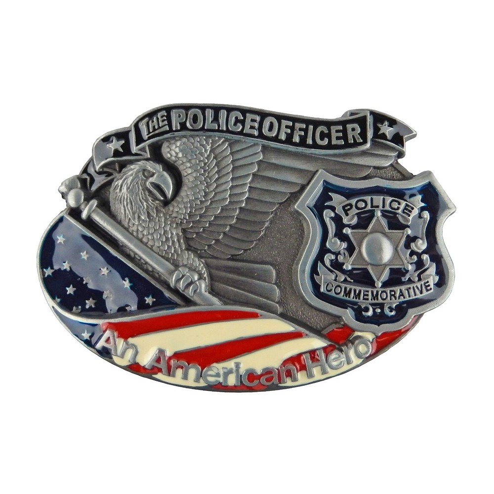 Police Officer Hero Belt Buckle Silver Tone Fits 1.5 inch Belts Enamel U.S. Flag