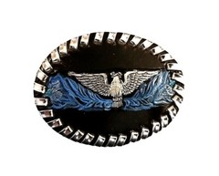 EAGLE Belt BUCKLE w/ SILVER Edge LACING Handmade Sm. BLACK LEATHER Western/Biker