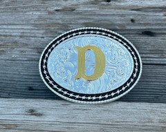 Western Style Matte Black and Silver Oval Shaped Gold Initial D Belt Buckle