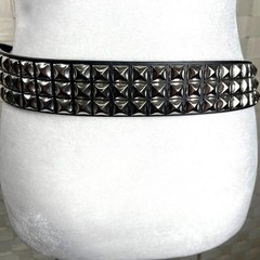 Unisex Black Faux Leather 3 Row Studded Belt Silver Tone Buckle Punk Goth Grunge