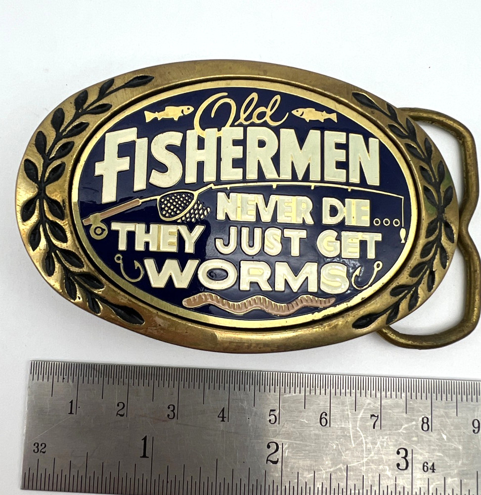 Vintage AMINCO 1980 Old Fishermen Never Die They Just Get Worms Brass Buckle USA