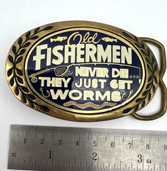 Vintage AMINCO 1980 Old Fishermen Never Die They Just Get Worms Brass Buckle USA