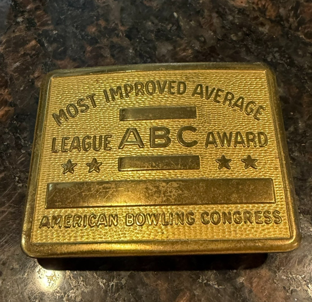 Vintage ABC Bowling League Award Brass Belt Buckle Most Improved Average