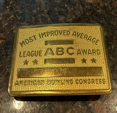 Vintage ABC Bowling League Award Brass Belt Buckle Most Improved Average
