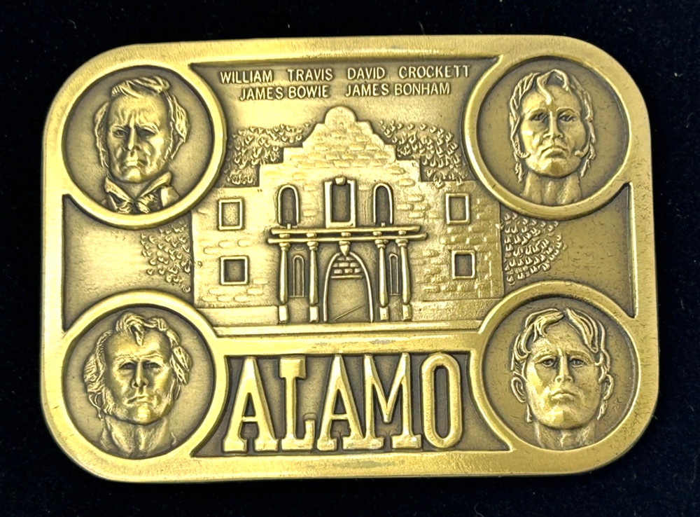 1985 Heroes Of The Alamo Commemorative Brass Belt Buckle