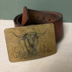 VTG Belt Buckle Ampersand Brass- Engraved Bull Design With Belt 41”