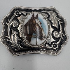 Vintage Western Horse Portrait Belt Buckle Silver Tone Floral Scrollwork Cowboy