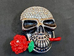 Multi Rhinestones Make Up Skull Holding Red Rose In Teeth! Belt Buckle
