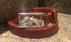 KIESELSTEIN EQUESTRIAN RACE HORSES BELT BUCKLE WITH BROWN LIZARD BELT SIZE 6