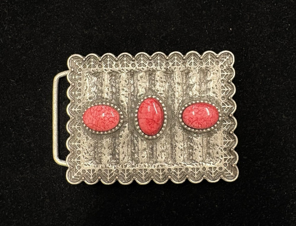 Vintage Southwestern design belt buckle with three vibrant red stones RARE