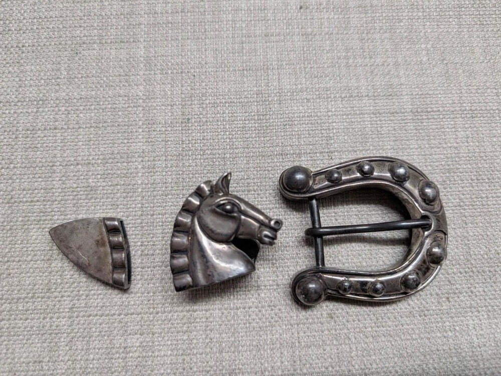 vintage KIESELSTEIN CORD belt buckle set STERLING SILVER horse-shoe 3PC western