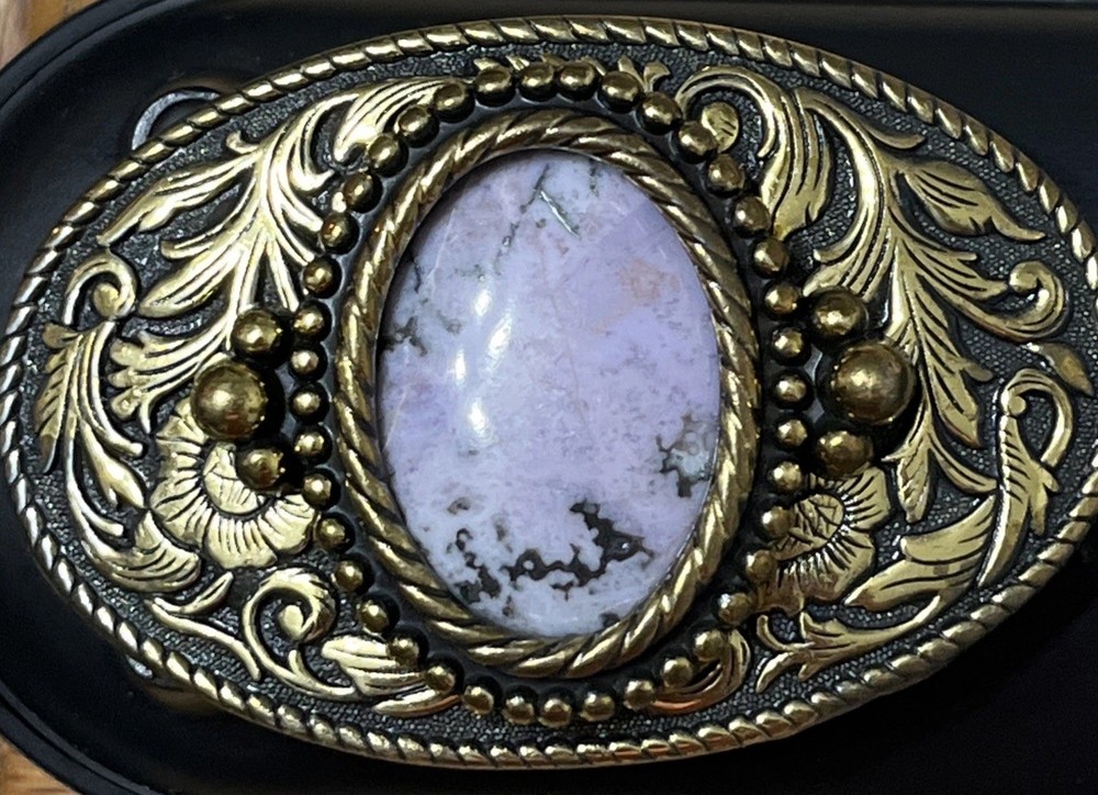 Vtg Cowgirl Belt Buckle Pink Gemstone Brass Floral WESTERN-core Made In USA/READ