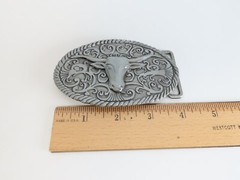 New Steer Long Horn Belt Buckle Cowboy Ornate Rodeo in Package Pewter Tone