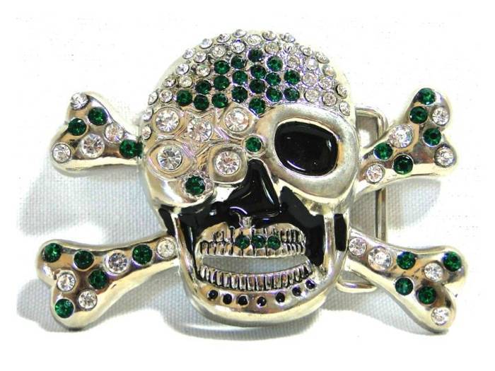 NEW Skull & Crossbones BLING Emerald Green & Silver Belt Buckle – Skull Pirate