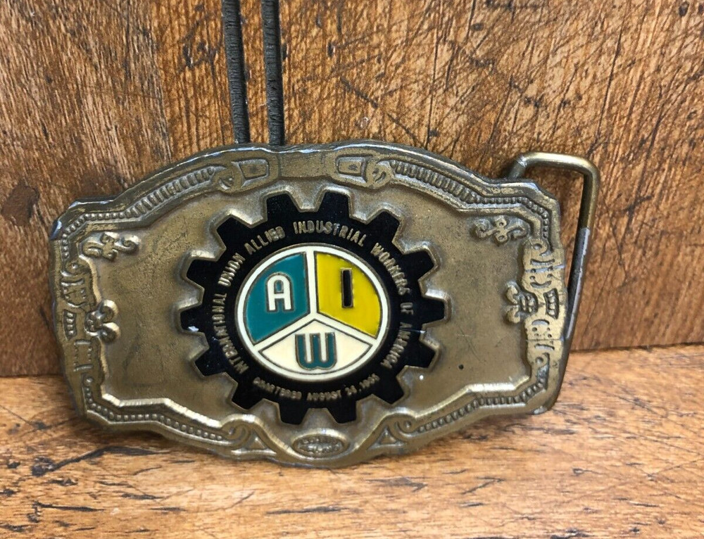 Vintage Brass Belt Buckle-AIW Allied Industrial Workers Union Hit Line