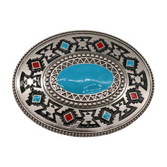 New Men Silver Metal Buckle Native Ethnic Aztec Style Oval Turquoise Blue Color