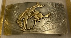 Vintage Metal Belt Buckle, Nickle Silver and Brass, Justin Belt Co, Bronco Busti