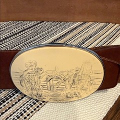 Tan Leather Belt Mens Western Cowboy Scene Oval Buckle Size 32