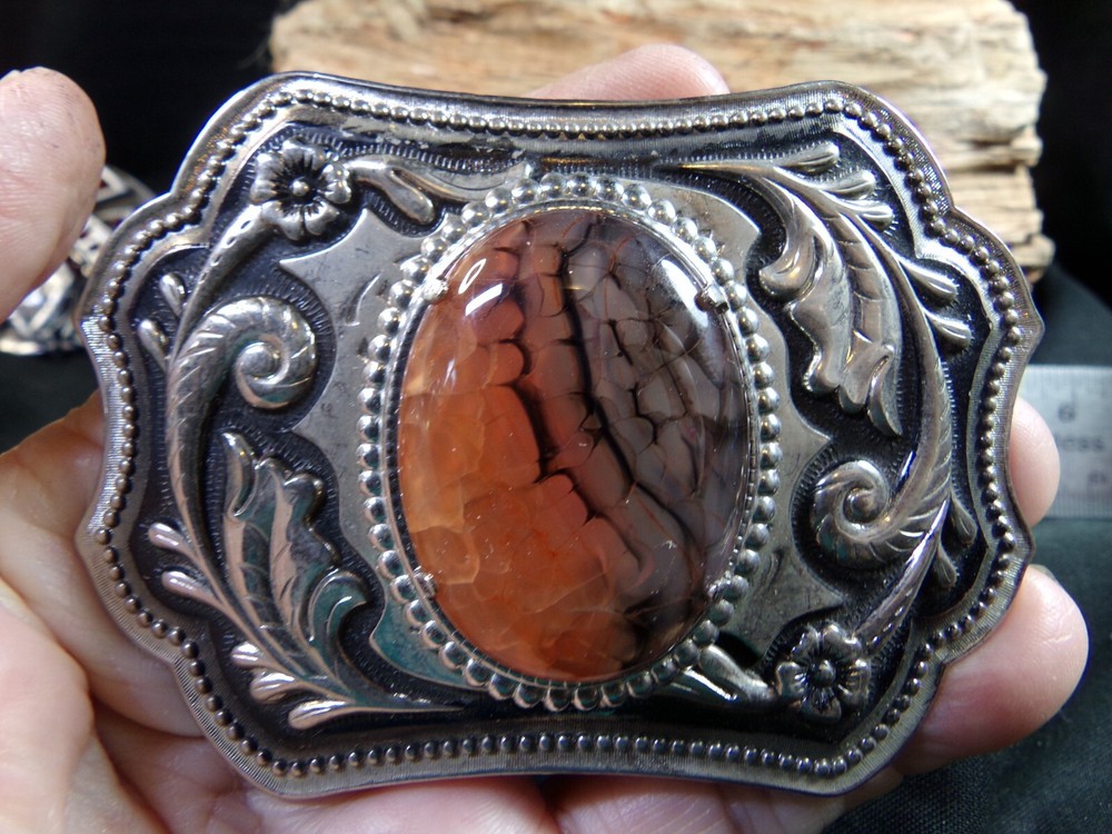 Belt Buckle Silver-tone & Black, with I believe is a Huge Dragon Agate Stone