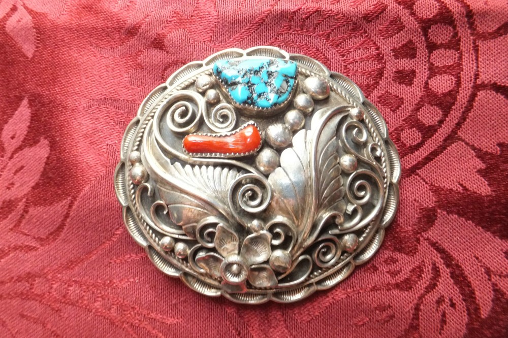 Navajo APACHITC Turquoise Coral Sterling Silver Belt Buckle – Vintage