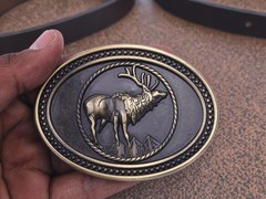 Western Belt Buckle With Handmade Leather Strap| Elk Deer Design – Rodeo Buckle