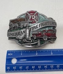 American Fire Fighter Belt Buckle SiskiYou 1988 Made in USA Fire Engine Pewter