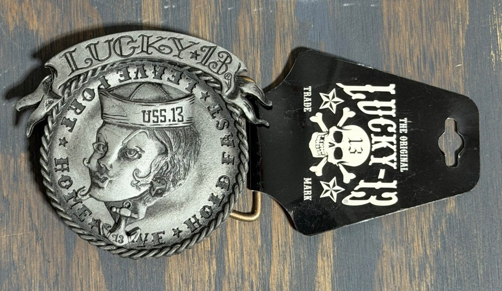 NOS Y2K Lucky 13 Apparel Metal Belt Buckle Brandi Spinner Tattoo Sailor