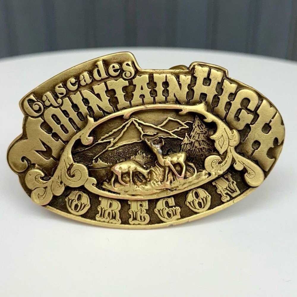 Vintage 1975 Adezy Cascades Mountain High Oregon Belt Buckle Brass Tone