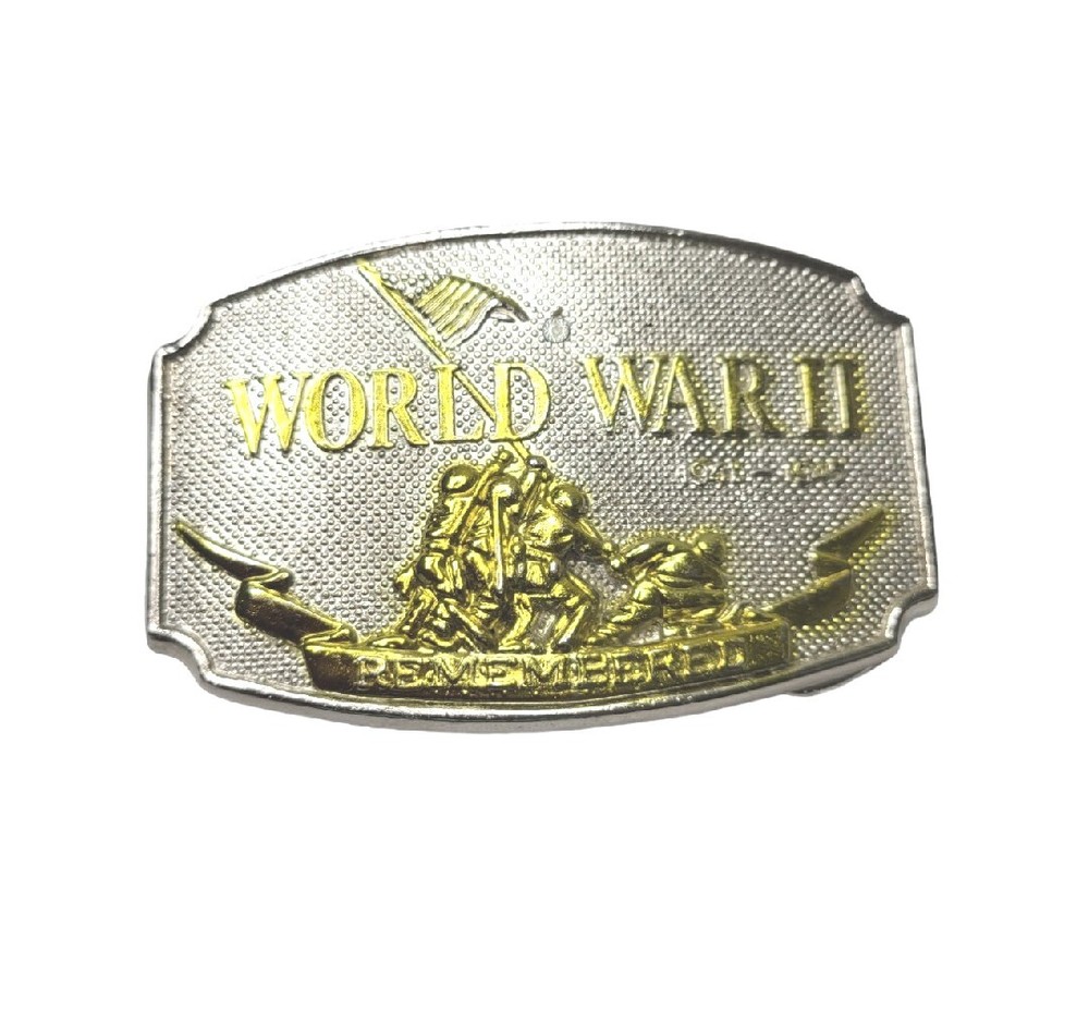 World War II Remembered Belt Buckle Silver Gold Tone 1992