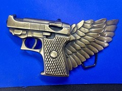 Winged Gun Flying Pistol Handgun Figural Cutout Brass Tone Large Belt Buckle