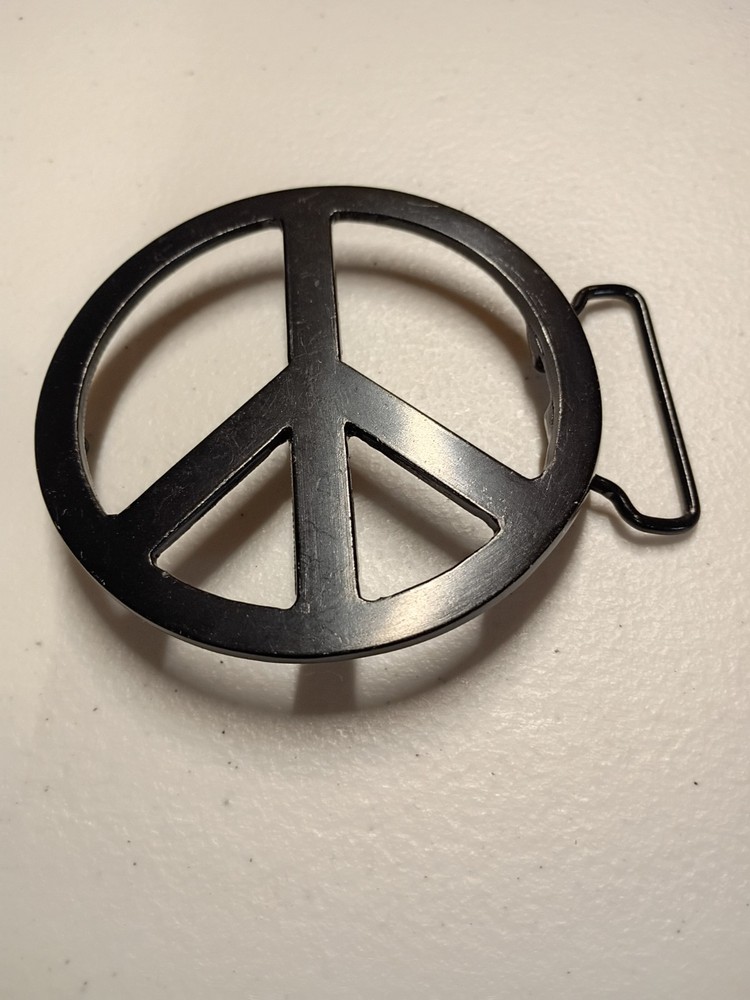 Peace Sign Emblem Belt Buckle 3.5&Prime; Diameter Black Powder Coat Paint on Metal