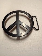 Peace Sign Emblem Belt Buckle 3.5&Prime; Diameter Black Powder Coat Paint on Metal