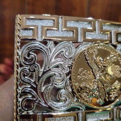 Centenario Cowboy Belt Buckle Western Rodeo Silver & Rose Gold Faux 50 Peso