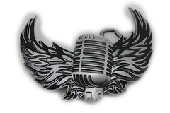 Men Women Silver Buckle Western Hip Hop Radio Music Microphone Fire Wings Rocker