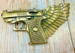 Winged Gun Flying Pistol Handgun Figural Cutout Brass Tone Large Belt Buckle