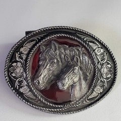 Siskiyou Buckle Co Vintage Horse & Foal Belt Buckle Red Enamel A-5 Made in USA