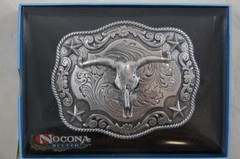 Nocona Western Belt Buckle Longhorn Roped Edge Steer Skull Silver 3798664