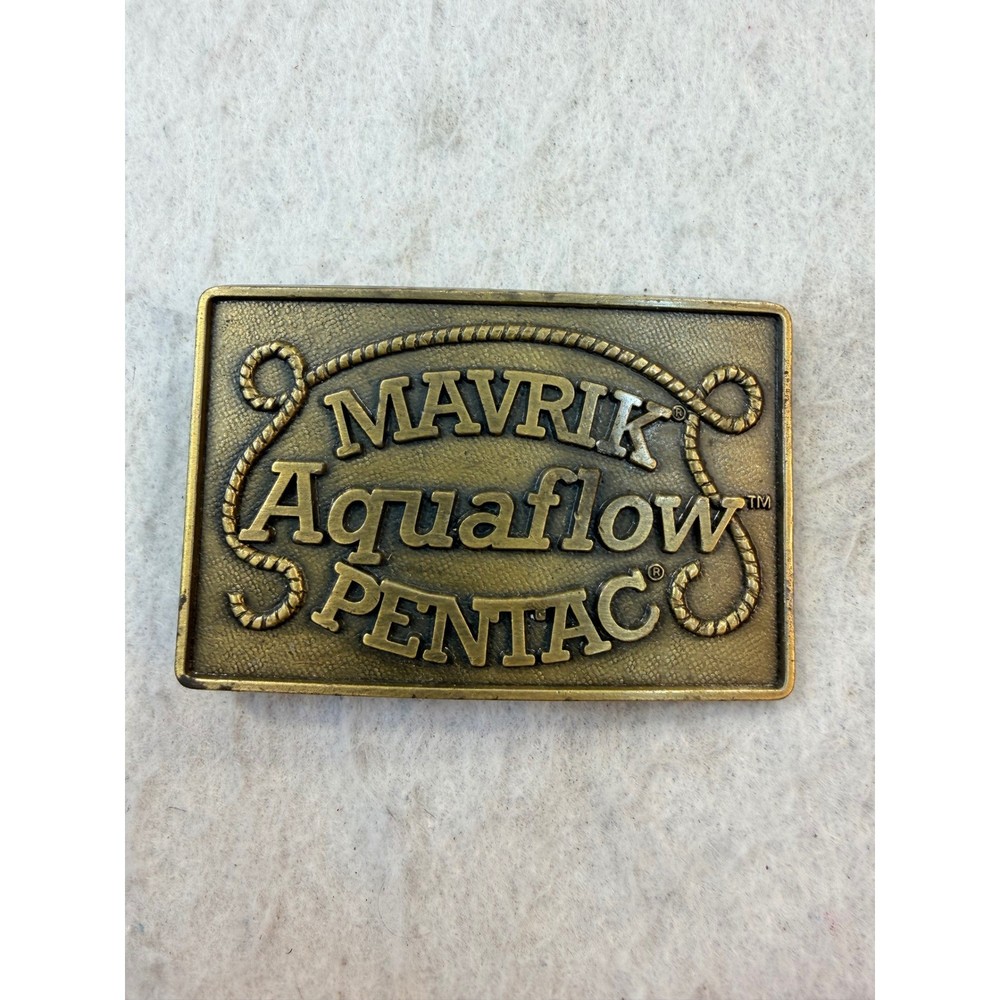 Vintage Mavrik Aquaflow Pentac Brass Tone Rectangular Belt Buckle Industrial 3in