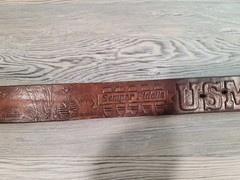 Marines belt buckle leather belt 45in used USMG first to fight
