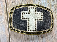 Metallic Theme Religious Cross Studded Design on White Faux Leather Belt Buckle