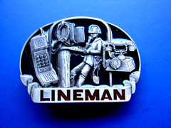 Vtg 80s Great American Belt Buckle Telephone Lineman Pewter 1983 C&J Inc