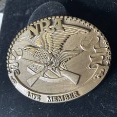 Vtg NRA Solid Brass LIFE MEMBER Belt Buckle Collectors USA Norman Foundry 1985