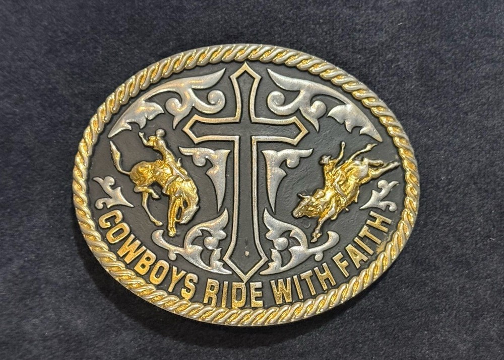Cowboys Ride With Faith Belt Buckle Multi Tone Cross