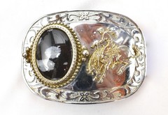 Vtg Polished Stone Belt Buckle Agate Black Gem Western Rodeo Silver w/Gold Tone