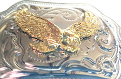 FLYING EAGLE Belt BUCKLE Gold on Silver Rectangular Metal Western/Biker/USA