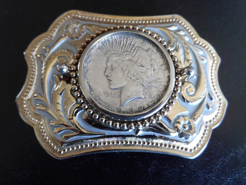 (A 4) 1922 Peace Silver Dollar Western 3 7/10 Inch Belt Buckle